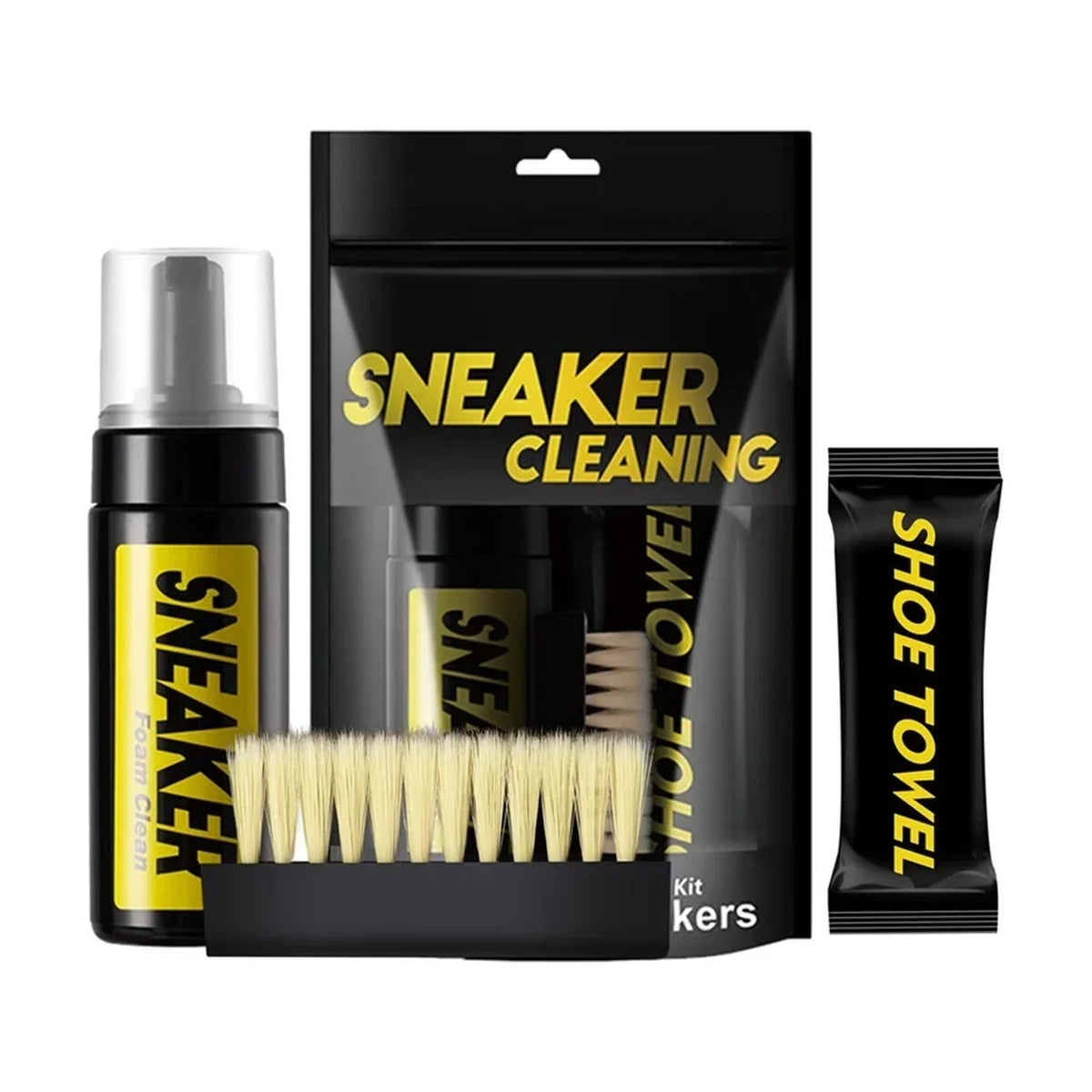 Sneaker Care Kit: foam cleaner, brush, cloth and pouch