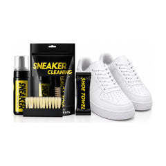 Sneaker Care Kit beside clean white sneakers